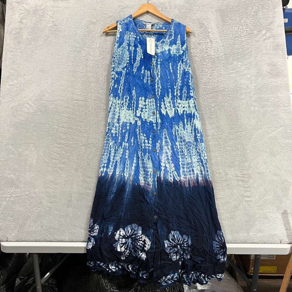 Cute Options Maxi Dress Womens Free Size Blue Tie Dye Sleeveless Button Front